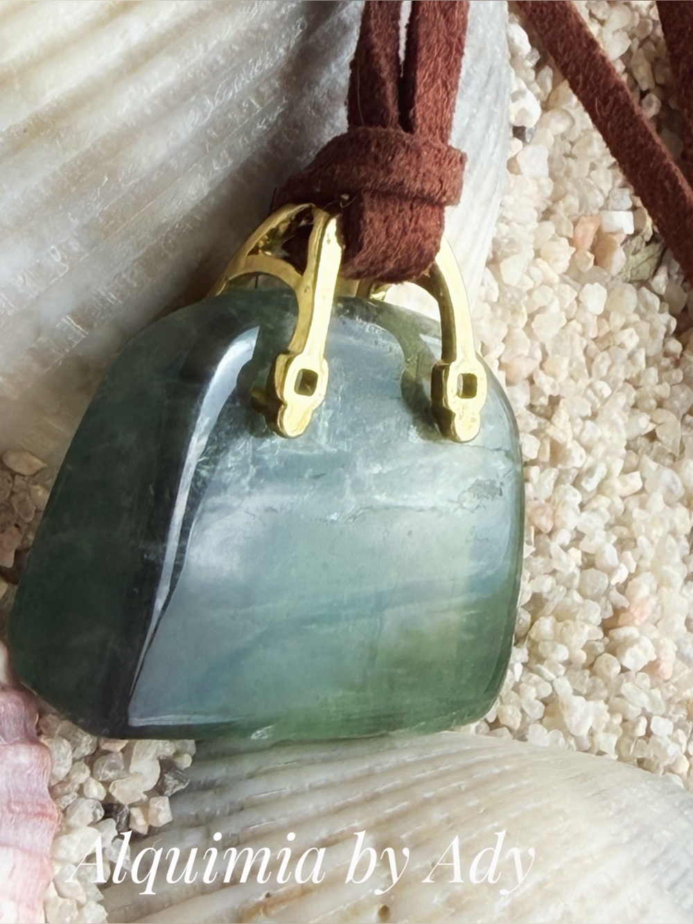 Green and long suede Polished Stone Pendant with Gold-Tone Accent